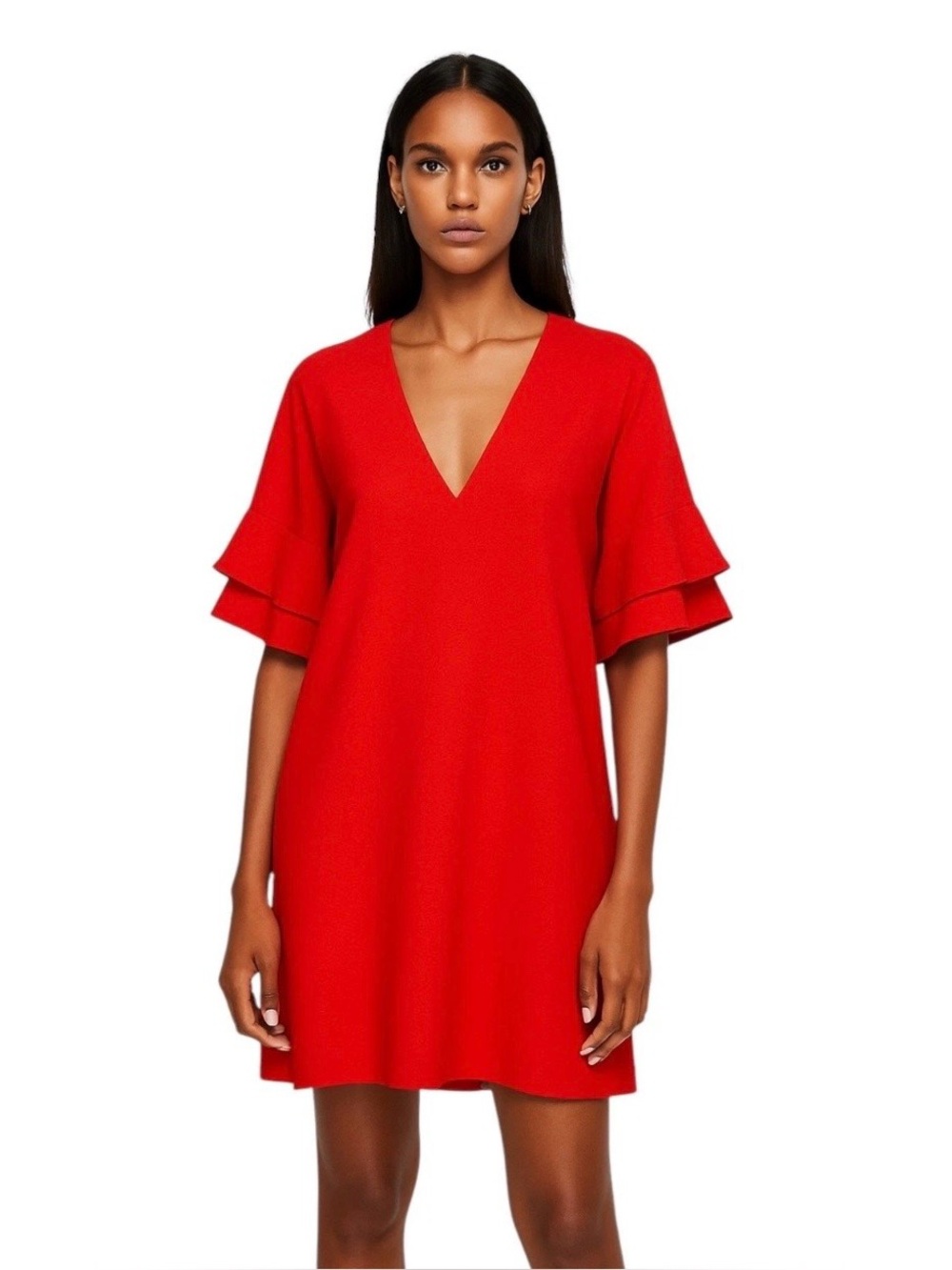 Zara Red Orange V-Neck Sleek Mini Dress with Ruffle Sleeves Size X Small
